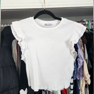 Zara White Ribbed Ruffle Sleeve Blouse